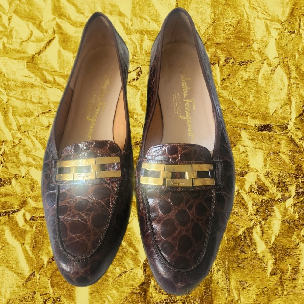 SALVATORE FERRAGAMO BROWN LEATHER EMBOSSED CROC DESIGNER LOAFERS @msplf1949 - Picture 6 of 6